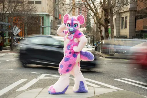 Crosswalk strut with traffic in motion, photo by Beefshanks